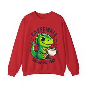 "Caffeinate Before You Roar"" Dinosaurier Kaffee Unisex schweres Rundhalsausschnitt-Sweatshirt"