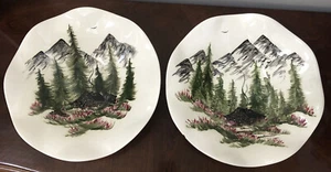 Hand Painted Set Of 2 Serving Bowls Alaskan Scene 11” Rd. By Mugs & Jugs VTG - Picture 1 of 11