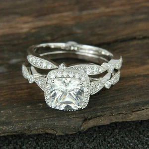 14K White Gold 2.80Ct Lab-Created Cushion Diamond Engagement Proposal Ring Set - Picture 1 of 5