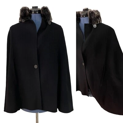 Abrigo Theory Melowa Capa Columpio de Lana Negro con Cuello de Piel de Conejo Gris Silencioso Lujo P Foto 1 de 4