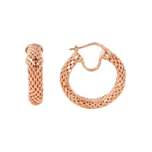 ITALIAN MADE CRESCENT CHAIN TECTURE HOOP EARRINGS/ ROSE GOLD OVER SILVER - Picture 1 of 2