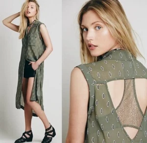 Free People Mercer Street Maxi Top Shirt Dress Duster Sheer Green Geo Size S - Picture 1 of 9