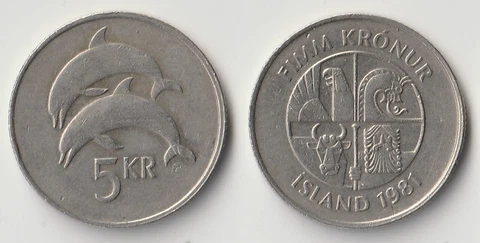 1981 Iceland 5 kronur coin with dolphins Cover