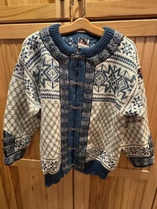 Dale Norway Rare stunning Blue & Cream pure new Wool sz 40 Med sweater jacket - Picture 1 of 10