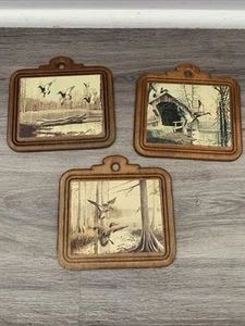 Set of 3 Mid Century Bird Prints on Wood Plaque Wall Art Vintage MCM Decor - Picture 1 of 9
