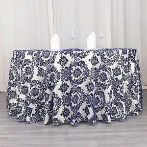 5 pcs 120" Royal Blue White FLOCKING DAMASK ROUND TABLECLOTHS Wedding Party - Picture 1 of 8
