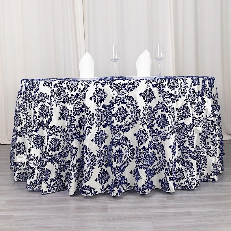 5 pcs 120" Royal Blue White FLOCKING DAMASK ROUND TABLECLOTHS Wedding Party - Image 1 of 4