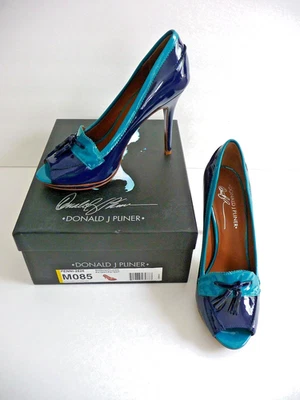 Zapatos de tacón Donald J. Pliner Penni 2626 azul marino y turquesa charol punta abierta nuevos en caja Foto 1 de 4