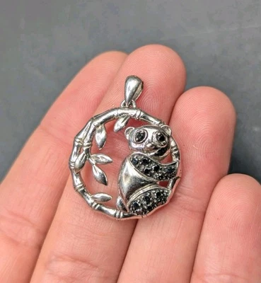 Sterling Silver Signed JS Black Diamond Panda Bear Bamboo Pendant For Necklace  - Image 1 of 4