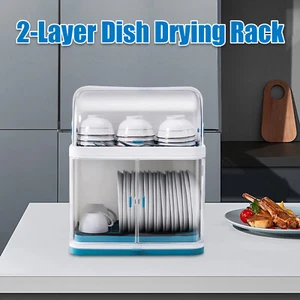 Kitchen Organizer Storage Cup Holder 2 Tier Dish Drying Rack With Lid Cover - Picture 1 of 14