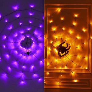 Halloween LED Black Spider Cobweb Lights Purple String Fairy Lights Party Decor - Picture 1 of 17