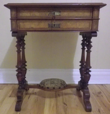 Very Old Antique Wooden Sewing Work Table With Padded Foot Rest - VERY NICE Look - Image 1 of 4