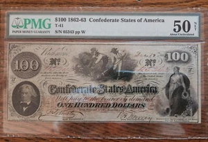 1862-63 $100 Confederate States of America (CSA) T-41. AU PMG 50 Net - Picture 1 of 5