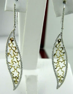 Lace Leaf Drop Dangle Diamond Earrings Two Tone in 14k White & Yellow Gold - Picture 1 of 11