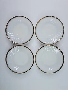 FIRE KING OVEN WARE SET OF 4 WHITE MILK SWIRL GOLD SAUCER PLATE DINNERWARE - Picture 1 of 4