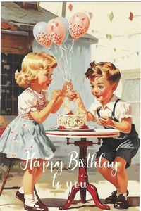 Postal de cumpleaños vintage RETRO antigua NUEVA REIMPRESIÓN Happy To You niño y niña - Imagen 1 de 2