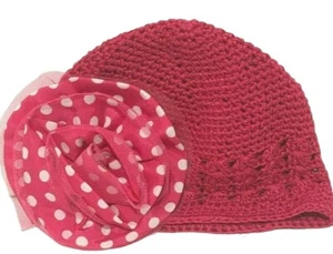 Beanie Cap Hat Hand Crochet Kufi Baby Pink w/Fabric Rose - Picture 1 of 5