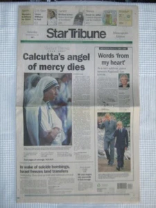 Periódico MUERTE DE LA MADRE TERESA 6 de septiembre de 1997 Minneapolis Star Tribune Diana - Imagen 1 de 5