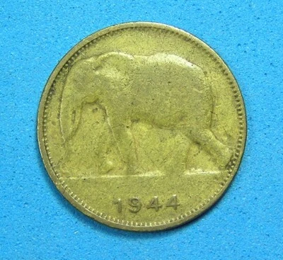 Belgian Congo 1 Franc Brass Coin 1944 Elephant KM-26, Free S/H after 1st item - Image 1 of 2