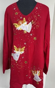 Quacker Factory Sweater 2X Red Christmas Holiday Embellished Angels Novelty - Picture 1 of 21