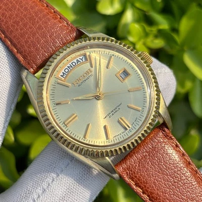 Винтажные японские мужские автоматические часы Ricoh President с рифленым безелем золотистые 040121 - Изображение 1 из 4