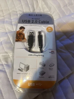 NEW BELKIN HI-SPEED USB 2.0 CABLE 6 FT CONNECTS PRINTERS SCANNERS TO COMPUTER - Image 1 of 4