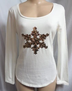 ANN TAYLOR  IVORY SEQUIN SNOWFLAKE LONG SLEEVES SCOOP T-SHIRT TOP SIZE: M NWT - Bild 1 von 4