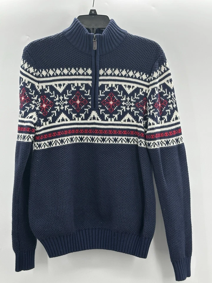 IZOD Mens Peacoat Blue Long Sleeve Fair Isle Quarter-Zip Sweater Small Christmas - Image 1 of 4