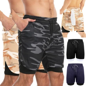 Men's 2 in 1 Shorts Workout Running Shorts Training Yoga Gym With Phone Pocket - Picture 1 of 30