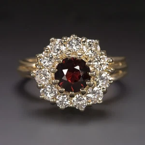 ANILLO CÓCTEL DIAMANTE GRANATE ORO AMARILLO 14k halo racimo rojo corte redondo natural - Imagen 1 de 1