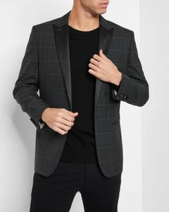 NEW EXPRESS $248 SLIM GREEN PLAID WOOL BLEND TUXEDO BLAZER JACKET SZ 38R - Picture 1 of 5