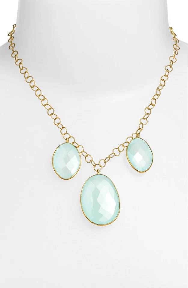 Argento Vivo Semiprecious Aqua Chalcedony Three Stone Vermeil Necklace W1142 - Image 1 of 1