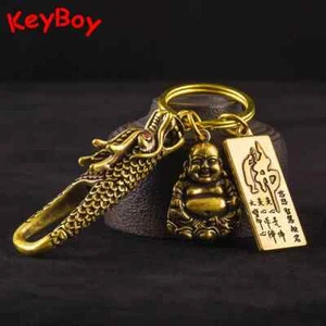Solid Brass Smiling Maitreya Buddha Figures Tag Keychain Pendant Trinket Bodhis - Picture 1 of 6