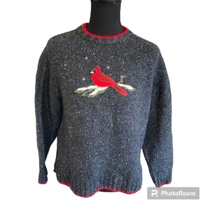 Woolrich Sweater Womens Med Gray Red Bird Cardinal Embroidered Knit Wool Blend - Picture 1 of 13