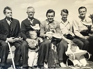 Men On Park Bench Babies Eating Watermelon Black White Picture Photograph - Picture 1 of 4