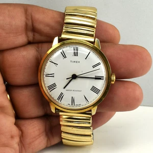1979 Timex Marlin Full Roman Dial Men Watch Service Keep Time 10K Gold Bracelet - Picture 1 of 5
