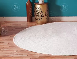 Hand Braided White Jute Round Rug Natural Fiber Vintage Rug Floor Décor Area Rug - Picture 1 of 6