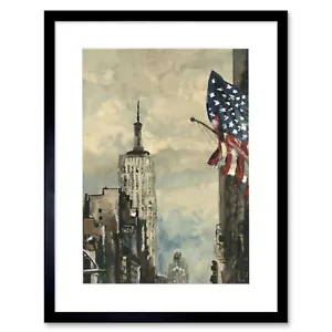 New York Empire State Building Flag Watercolour Framed Wall Art Print 12X16 In - Picture 1 of 34