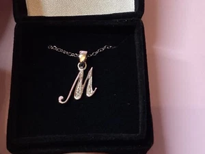 Avon sterling silver diamond accent initial necklace in velvet box “M” new - Picture 1 of 7
