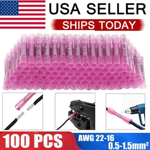 100Pc 22-16AWG Pink Heat Shrink Wire Butt Connectors Waterproof Splice Terminals - Picture 1 of 12