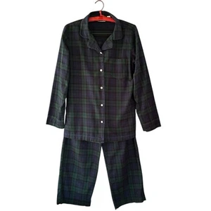 LL Bean Flannel Pajama Set Womens Size M Scotch Plaid Green Blue Black 2 Piece - Picture 1 of 14