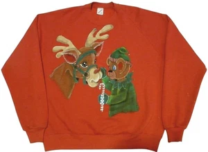 Rotes Weihnachtssweatshirt Rudolph Elfe Zuckerstange Vintage Jerzees Gitter Etikett Erwachsene XL - Bild 1 von 11