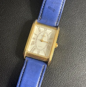Vintage Guess Tank Watch 1991 Gold Tone Blue Leather Strap Band Japan - Picture 1 of 13