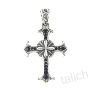 Shiny Solid 925 Sterling Silver Ornate Cross Pendant with Black CZ Unique Gift - Picture 1 of 7