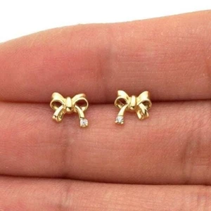 14k Yellow & White Gold Bow Tie Screwback Stud Earrings for Kids - Picture 1 of 10
