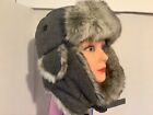 Adult Faux Fur Aviator Trapper Ear Flaps Winter Hat Gray quilt lining