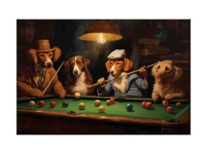 Home Art Wall Dogs Playing Pool billiards Oil Painting Picture Printed On Canvas - Picture 1 of 10