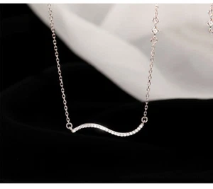Silver S-Shape Wave Pave Cubic Zirconia Pendant Chain Necklace - Picture 1 of 2