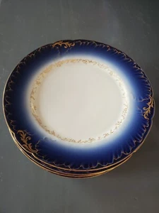 Fine Set of 6 Cobalt Blue Limoges Dessert Plates Gilt Rim D 7 1/2" - Picture 1 of 9