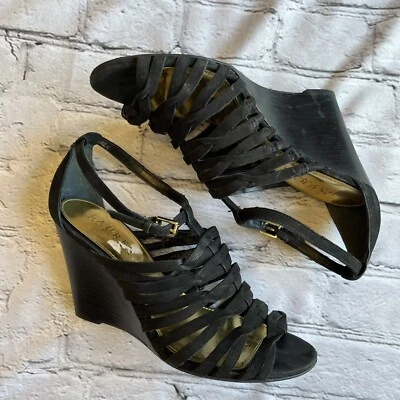 Lauren Ralph Lauren Black Suede Strappy Wedge Heels Sandals 7 Classic Event - Imagem 1 de 4